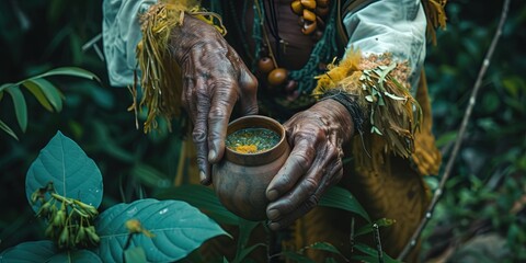 Ayahuasca ceremony to drink DMT with an herbal medicine doctor in South America - obrazy, fototapety, plakaty