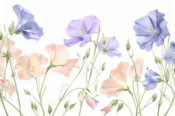 Delicate pink purple spring flowers on a white background. Greeting card design.