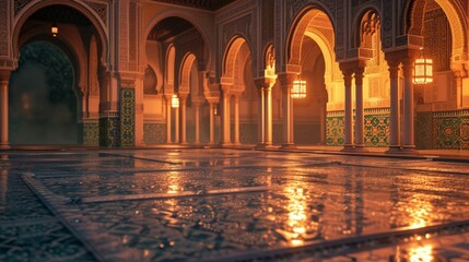 A quiet Ramadan courtyard at a historic mosque, with intricate tiles, an empty podium awaiting evening reflections, and the soft glow of traditional lanterns.