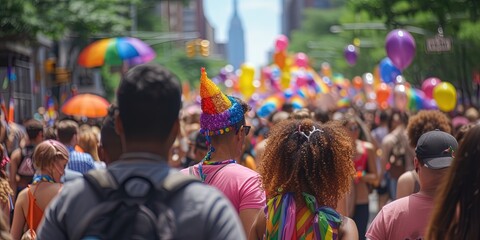 Pride parade with rainbow flags to celebrate the lgbtqia community - obrazy, fototapety, plakaty