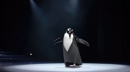 A penguin in a dress, dancing a beautiful ballet on the stage, slice perspective, Arabic,