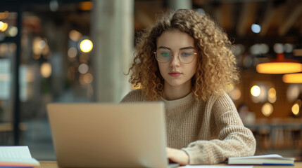 professional woman is sitting with a laptop