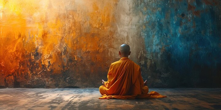 Buddhist monk in orange robe  meditating while staring away from camera - Powered by Adobe