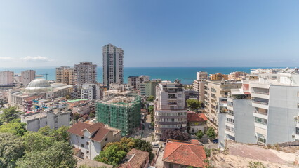 Panorama showing aerial view of city centre and the harbour of Durres timelapse from viewpoint,...