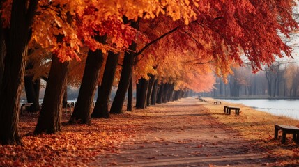 Beautiful yellow red and orange leaves in an autumn park on a br  - obrazy, fototapety, plakaty