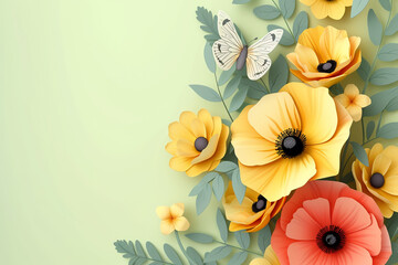 Beige background with red yellow paper cut spring flowers and butterfly. Spring floral background with copy space.