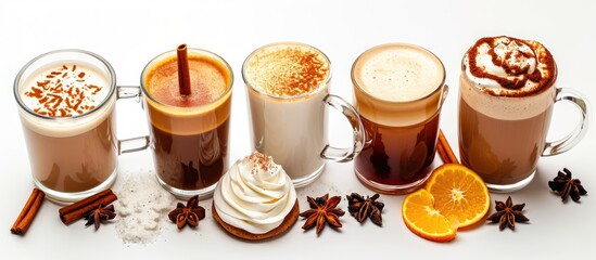 Assortment of warm beverages on blank background.