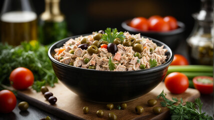Gastronomic Delight: Canned Tuna Salad with Fresh Vegetables, Capers, and Olive

