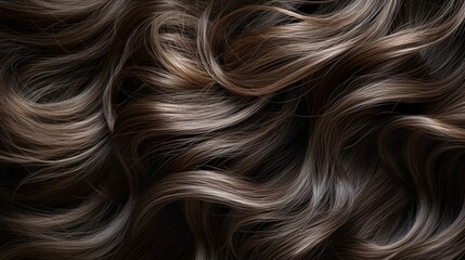 Fototapeta premium Brown hair close-up as a background. Women's long brown hair. Beautifully styled wavy shiny curls. Hair coloring. Hairdressing procedures, extension.