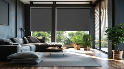 Fototapeta premium Farmhouse home interior design of modern living room. Rustic accent barn wood coffee table near grey sofa with terra cotta pillows against black wall with shelves and posters.