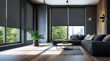 Farmhouse home interior design of modern living room. Rustic accent barn wood coffee table near grey sofa with terra cotta pillows against black wall with shelves and posters.