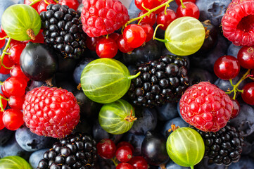 Background of fresh vegetables and fruits. Ripe blackberries, blueberries, raspberries, gooseberries and red currants. Mix berries and fruits. Top view. Background berries and fruits. 