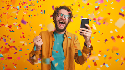 
Young man celebrating victory or lottery win, holding phone, shouting joyfully, surrounded by falling confetti. 