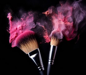 Pink powder explosion on a black background with a makeup brush - Powered by Adobe
