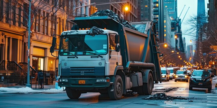 Garbage truck picking up trash from residential neighborhood
