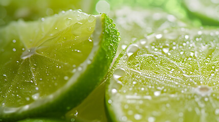 Lime slices on green background. With water drops.  Close-up. Commercial. 