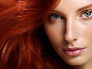 Close-up of beautiful young woman with long healthy red hair looking at camera