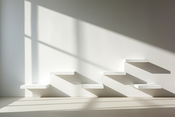 Minimalist white staircase casting shadows on wall