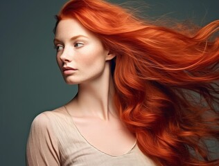 Naklejka premium Portrait of a beautiful young woman with elegant long red shiny hair , hairstyle