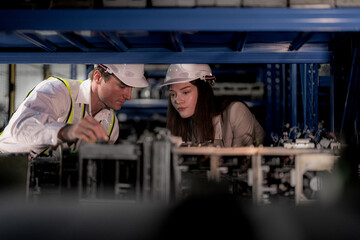 checking and inspecting metal machine part items for shipping. male and woman worker checking the...