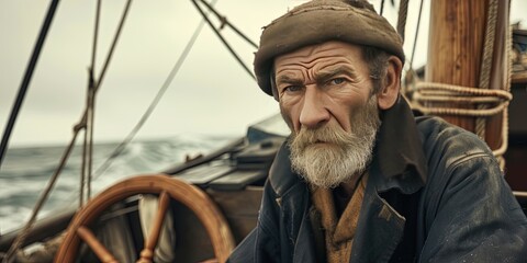 Ship's captain aboard his boat sailing and navigating the open sea