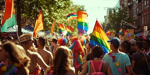 Pride parade with rainbow flags to celebrate the lgbtqia community
