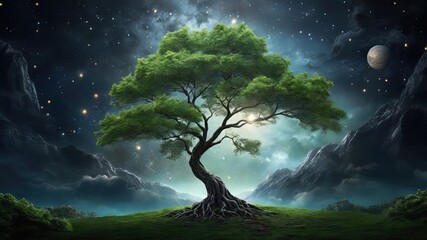 a majestic tree with lush green foliage against a mystical landscape. Ideal for fantasy themed...