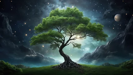 Poster a majestic tree with lush green foliage against a mystical landscape. Ideal for fantasy themed content, digital art, and nature inspired designs. Digital artwork © rex