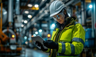 Industrial Engineer in Hard Hat Using Tablet.
Female engineer with tablet at manufacturing plant.