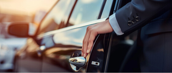 Close-up of a stylish businessperson's hand resting on a luxury car door, embodying success and sophistication