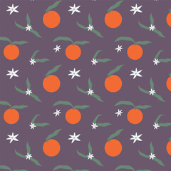 Seamless background with citrus oranges, leaves, flowers. Summer vector wallpaper with ripe fruits.