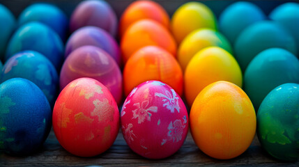 Fototapeta na wymiar Colorful Easter eggs aligned, festive background wallpaper 