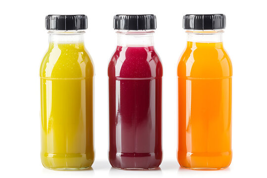 Three unlabeled bottles of natural fruit or vegetable juices with black caps isolated on white background. Mock up.