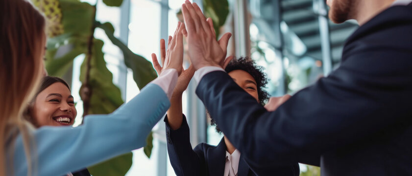 Team of professionals celebrating success with a high-five, embodying teamwork and achievement