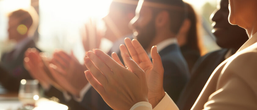 Business audience applauding at a conference, showcasing participation and approval during a presentation