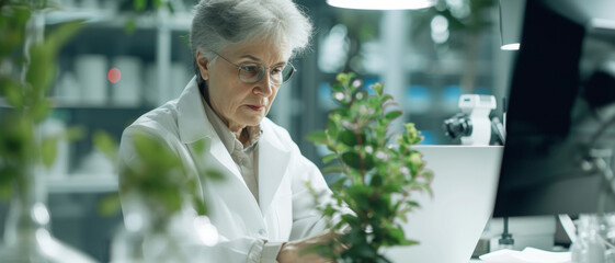 Senior female scientist meticulously analyzing plant samples in a modern laboratory, dedicated to botanical research