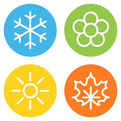 Snowflake, flower, sun and maple leaf line icons
