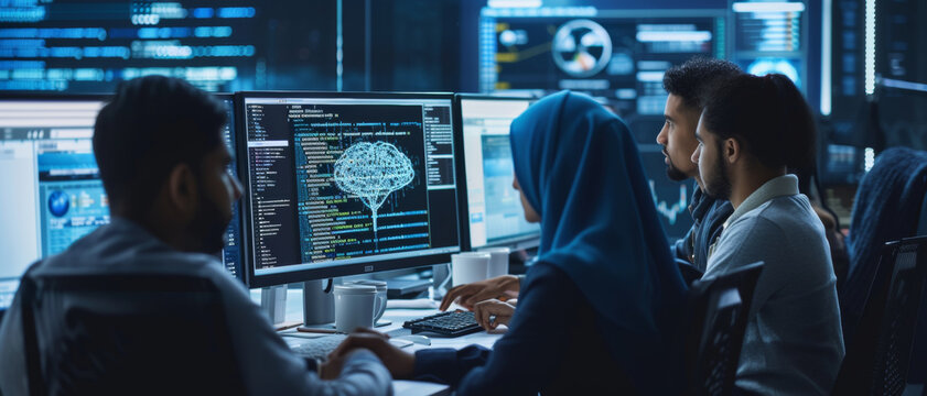 A team of diverse professionals analyzes data on multiple screens in a high-tech security center