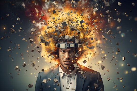 man head explode full of social media concept