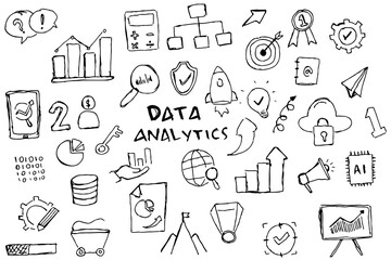 doodle art data analytics hand drawn set vector simple. with flowchart, statistic and element component business.