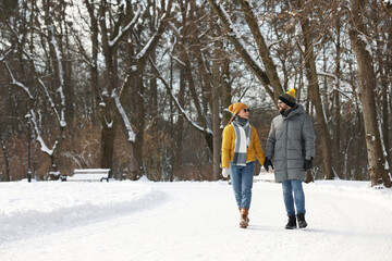 Fototapeta na wymiar Beautiful happy couple walking in snowy park on winter day