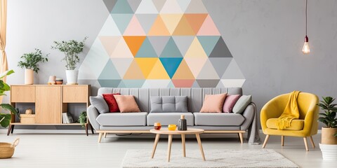 Scandinavian-inspired living room design with gray sofa, wooden cube, triangle lamp, flower-filled vase, vibrant pillows, and classy accents. Abstract wall backdrop, Contemporary home decor.