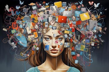 woman head full of social media concept