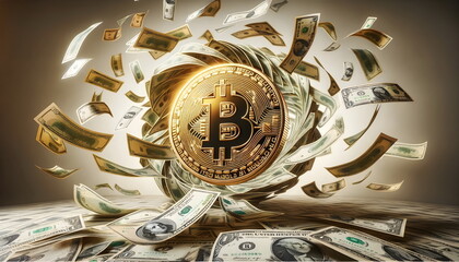 dollar banknotes flying around bitcoin