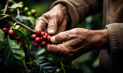 Close up of organic red cherry bean on coffe plantation. Branch with ripe coffee beans in the hands of farmer. Hands of elderly farmer picking  red berries beans from a branch. Design for banner, ads.