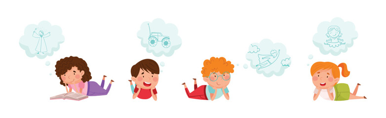 Cute Kid Imagining Object in Dream Bubble or Cloud Vector Set