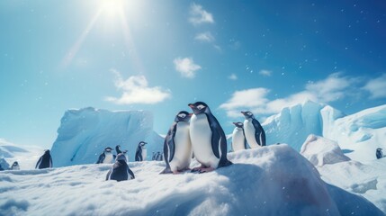 enguins bask in the sun on a beach in Antarctica, multiple exposure, disney style, - Powered by Adobe