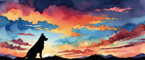 A black silhouette of a majestic dog sitting alone. The sunset is a fantastic sky. Watercolor style animal and landscape illustration.