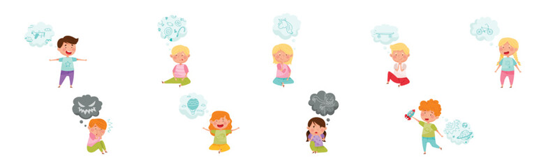 Cute Kid Imagining Object in Dream Bubble or Cloud Vector Set