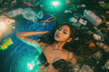 A super hot female model poses in luxury fashion photography against a minimalist backdrop with studio lighting, creating high-end visuals despite the presence of garbage